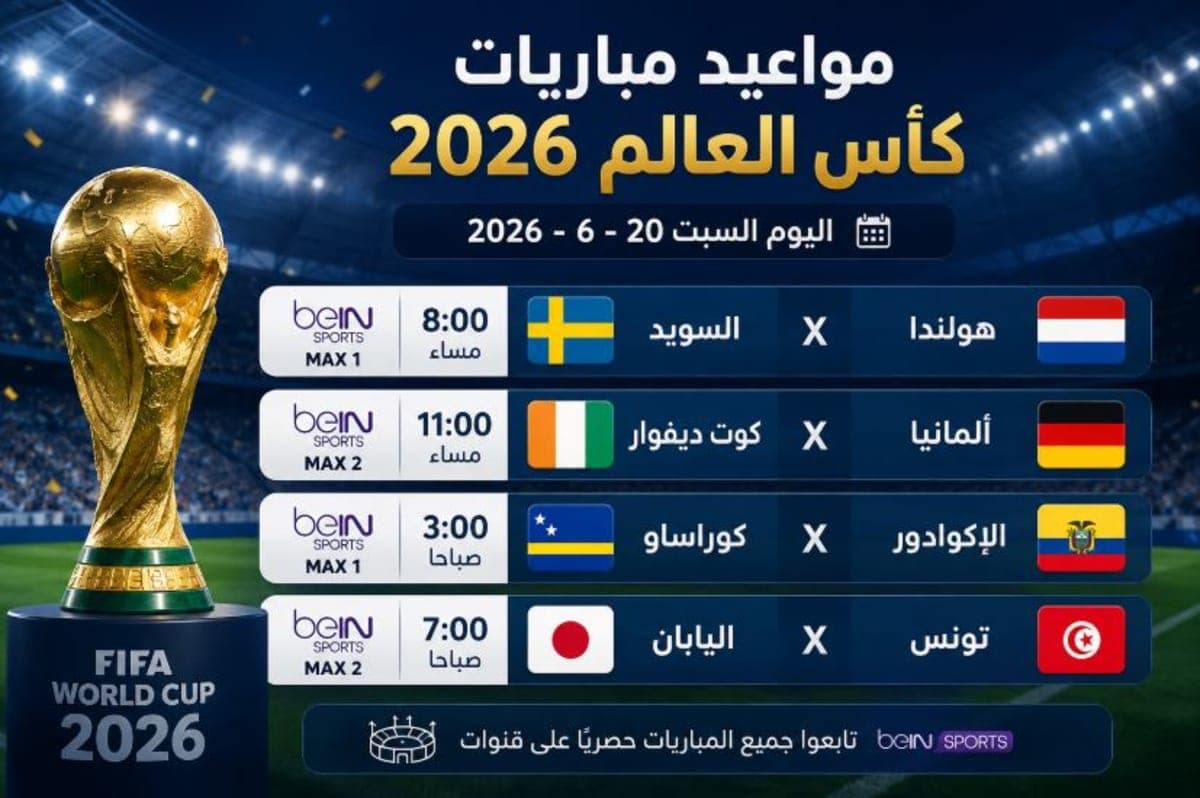 مواعيد مباريات كأس العالم 2026 اليوم السبت 20 يونيو والقنوات الناقلة
