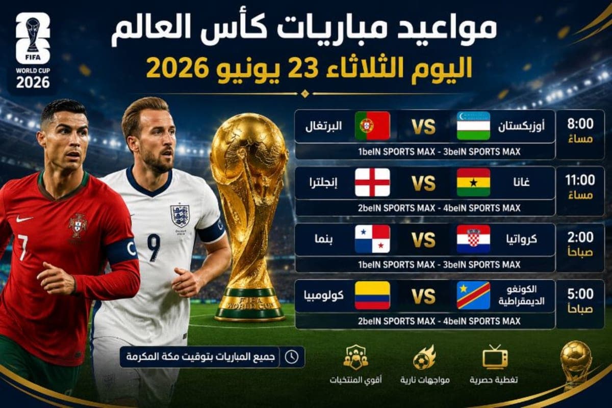 مواعيد مباريات كأس العالم اليوم الثلاثاء 23 يونيو 2026