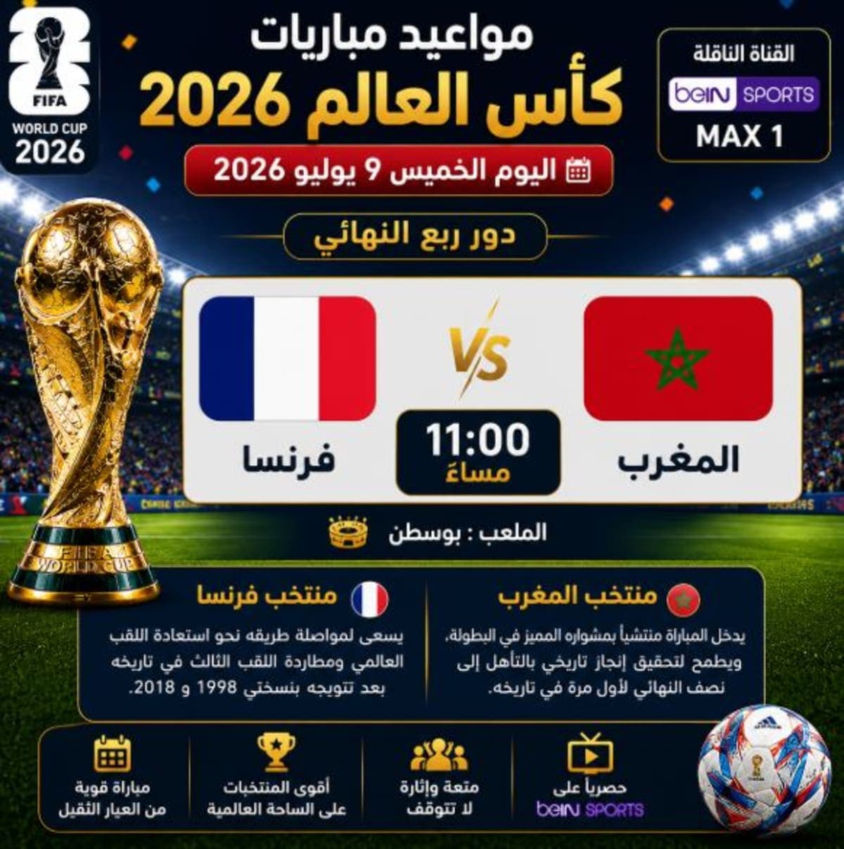 مواعيد مباريات كأس العالم اليوم الخميس 9 يوليو 2026.. فرنسا تواجه المغرب في ربع النهائي